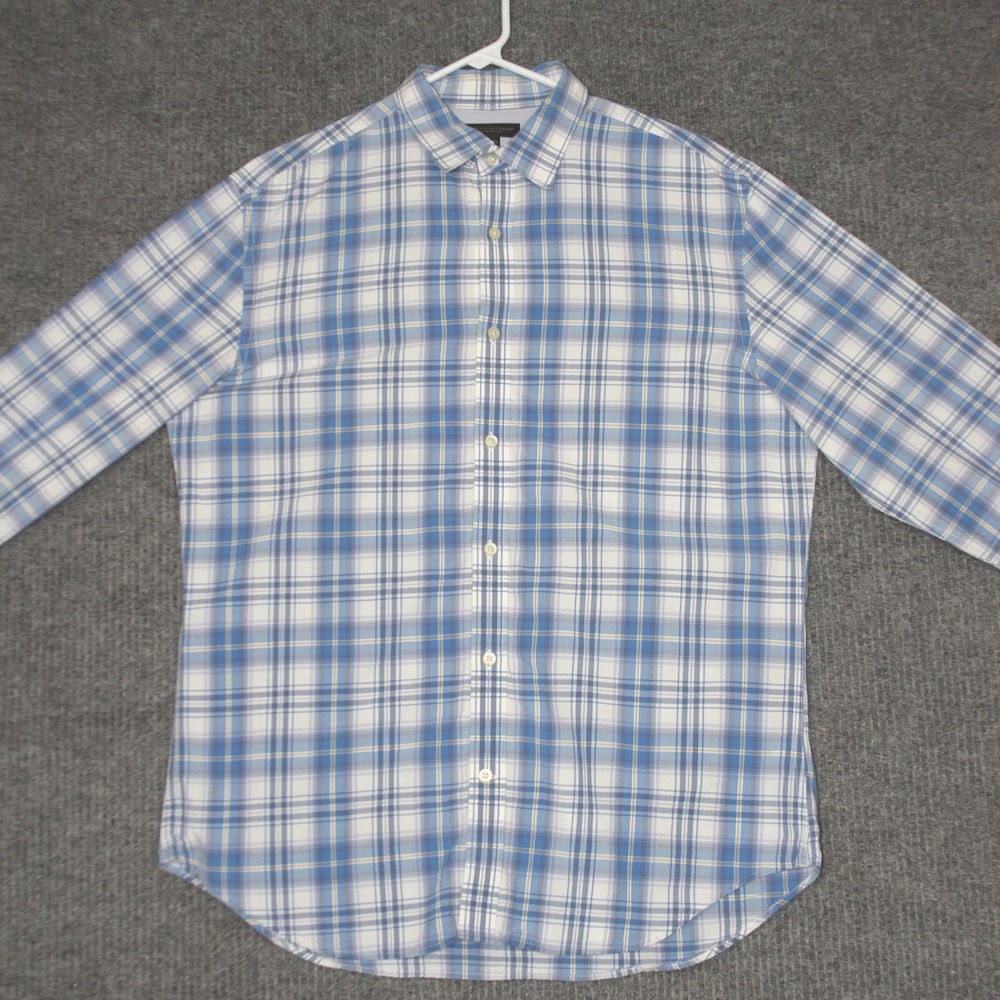 Banana Republic Button Down Shirt Mens L Size 16 Blue White Soft Plaid Cotton